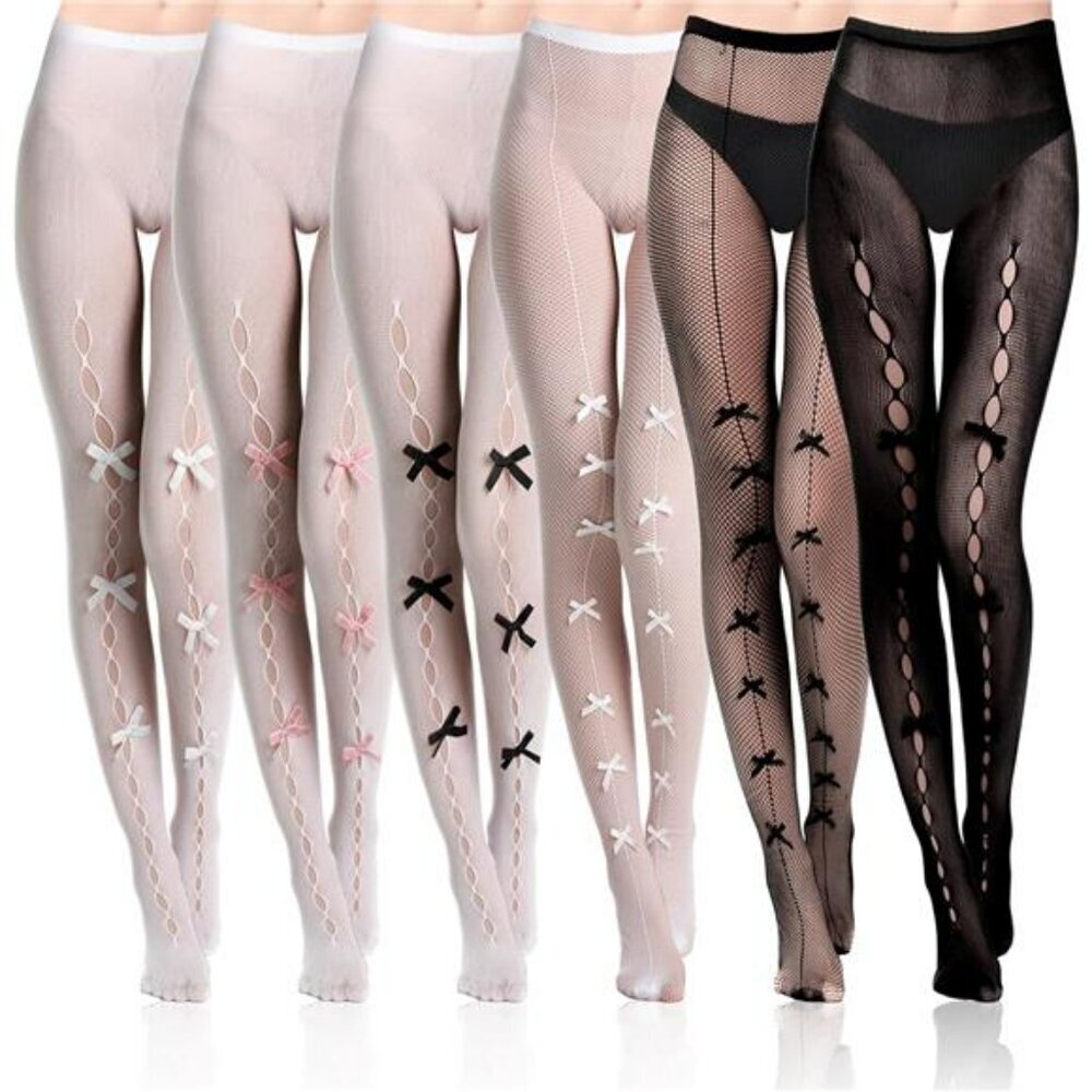 Y2k Bow Fishnet Tights Lolita Lace Mesh Stockings Coquette Thigh High Set